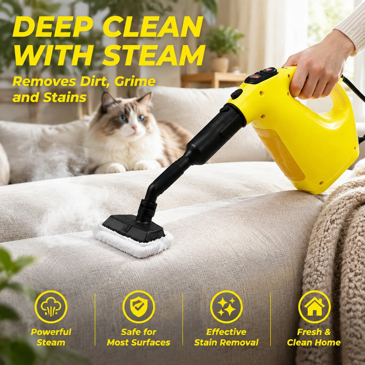 Airfind 1400W Handheld Steam Cleaner with 14-Piece Accessory Kit and Child Lock, PP Frame, 13 x 5 x 9.5 Footprint, Yellow