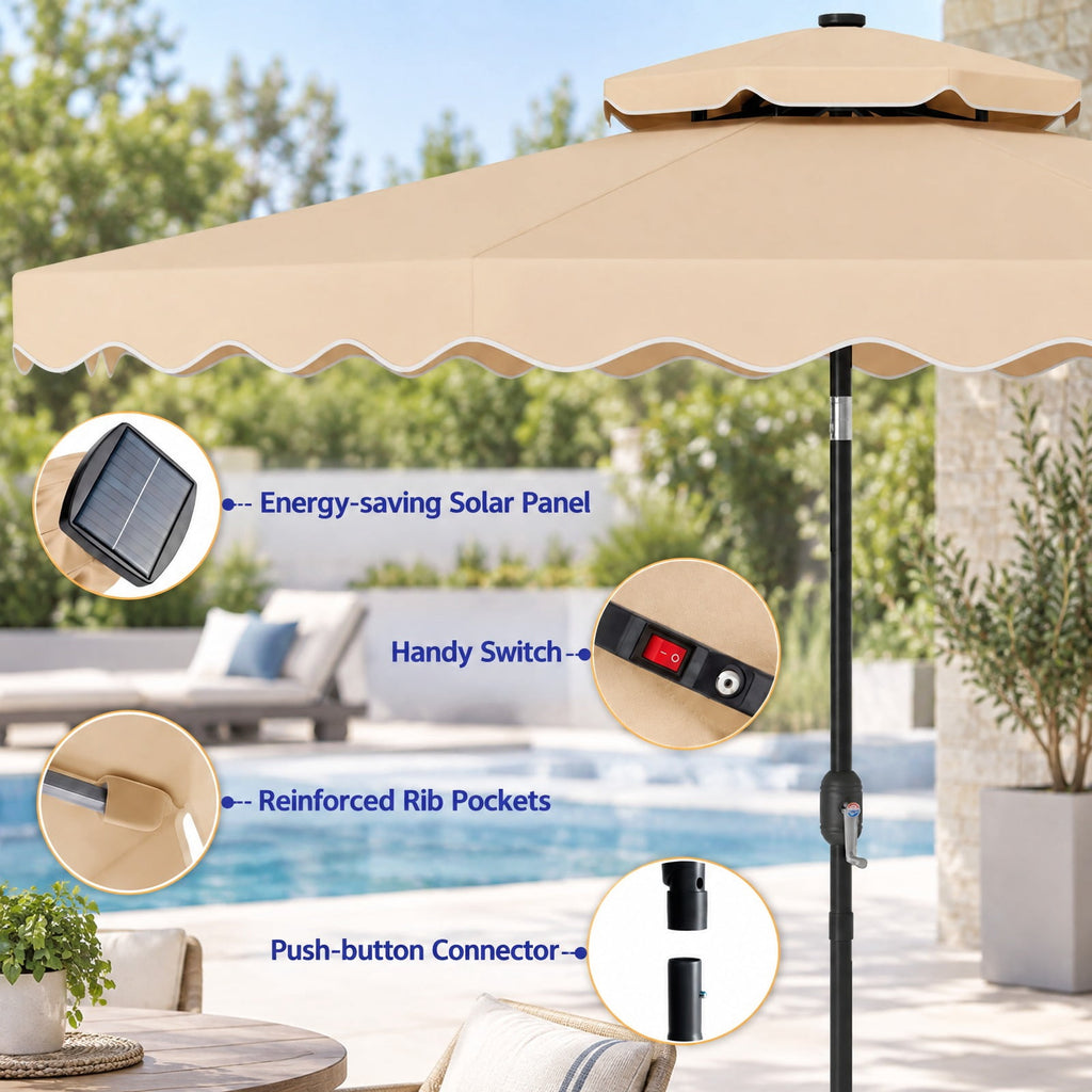 Airfind 9 FT Solar LED Patio Umbrella Push-Button Tilt and Crank 24 LED Lights and 8 Ribs, Polyester Fabric Metal Frame, 9 x 8.2 ft Footprint, Beige