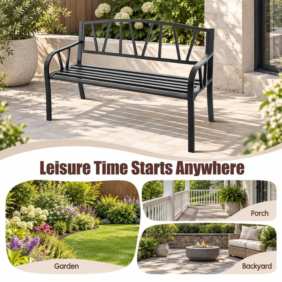 Airfind Patio Garden Bench with Metal Frame and Slatted Seat, 660 lbs Capacity, Metal Frame, Black, Slatted design for water drainage