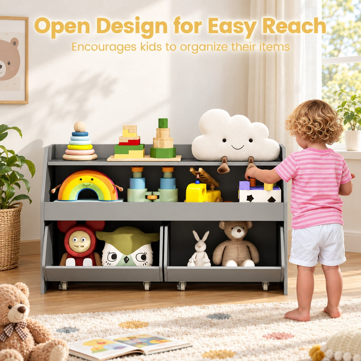 Airfind Youth Toy Storage Organizer Wooden Bookcase with 2 Movable Drawers, 176 Lbs Capacity, Engineered Wood, for 3 and Years Old Total, Gray