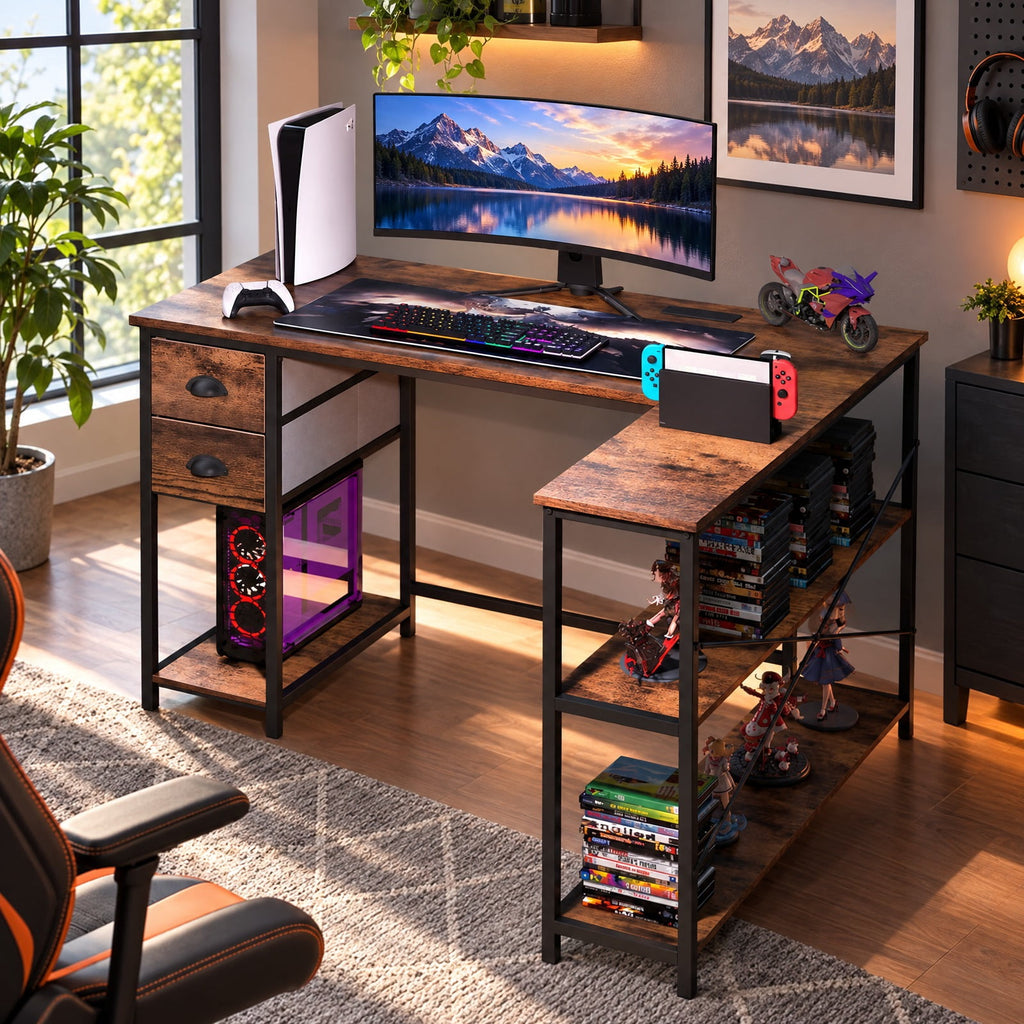 Airfind L Shaped Desk with Charging Station Corner Computer Desk with 2 Fabric Drawers, 110 lbs Capacity, Engineered Wood Metal Fabric Frame, Brown