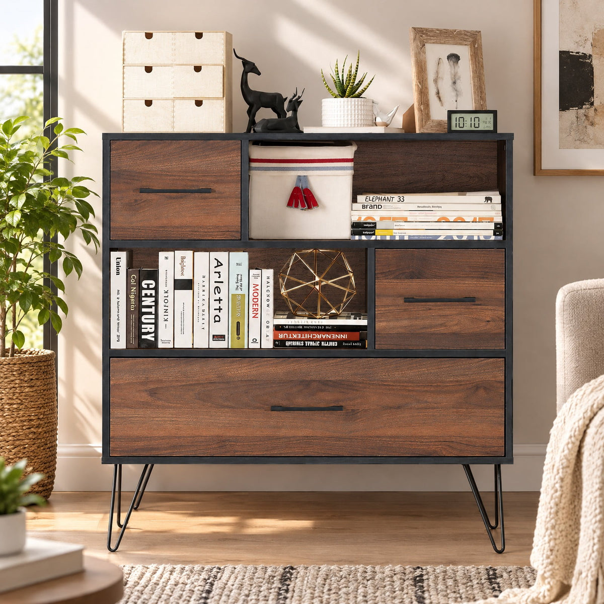 Airfind 3-Tier Wood Storage Cabinet with Drawers and 4 Metal Legs, 11 lbs Capacity, Engineered wood Metal Frame, Wood