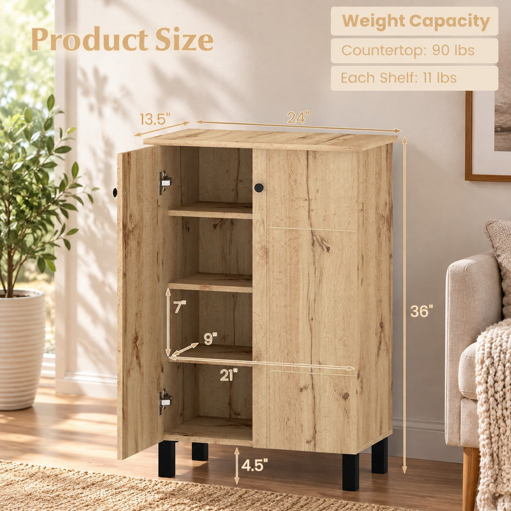 Airfind 4-Tier Shoe Organizer with Removable Shelves and 2 Doors, 88 lbs Capacity, MDF Engineered Wood Frame, 24 Inch x 13.5 Inch x 36 Inch Footprint, Natural