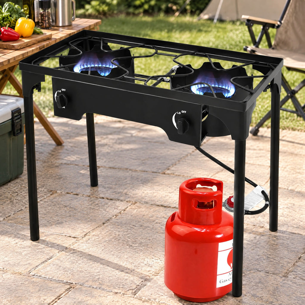 Airfind 150000 BTU Double Burner Outdoor Stove BBQ Grill, Cast iron Frame, 150 000 BTU of cooking power, Fully adjustable heat dial per burner