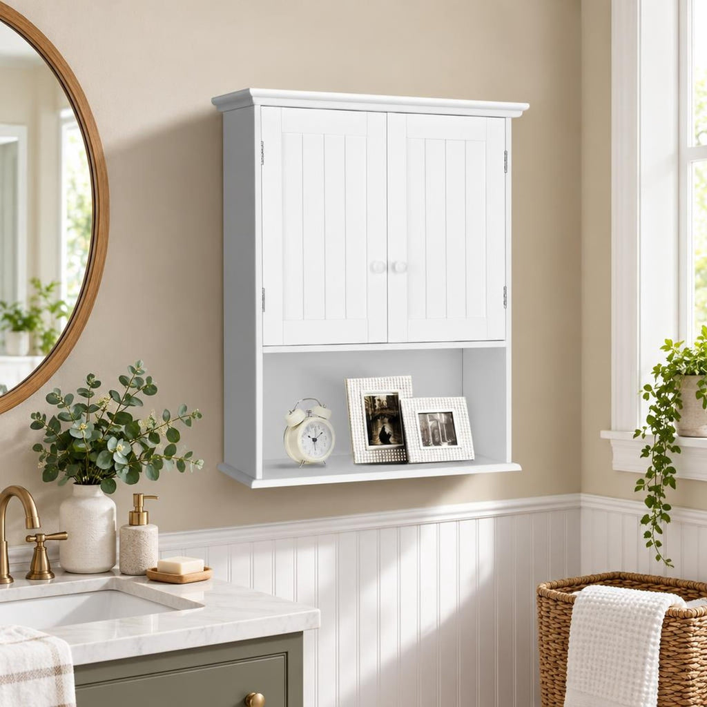 Airfind 2-Door Wall Mount Bathroom Storage Cabinet with Open Shelf, MDF Metal Frame, White, Overall dimension 23.5in x 8in x 28in(L x W