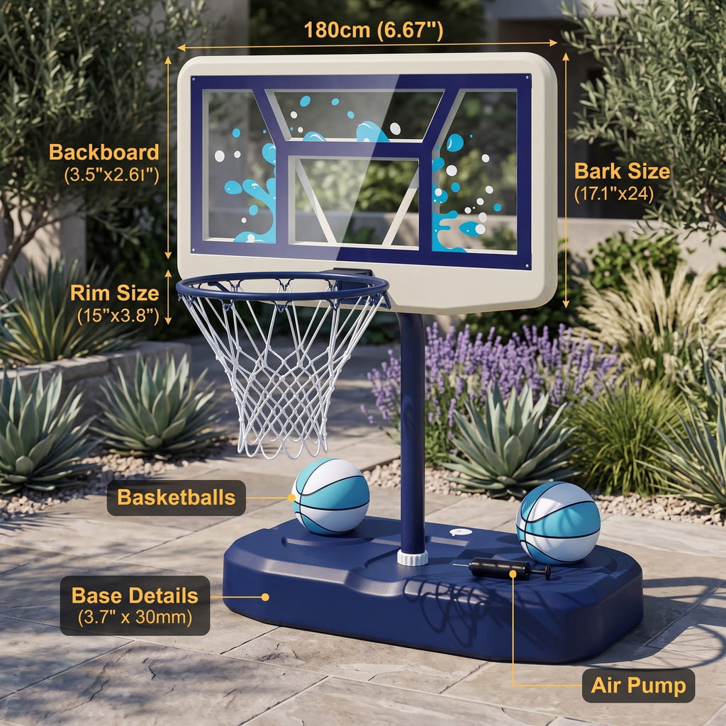 Airfind Pool Basketball Hoop Set with 2 Balls and Inflation Pump, Poolside Water Basketball Game with Weighted Base and Shatterproof PC Backboard for Indoor, Navy