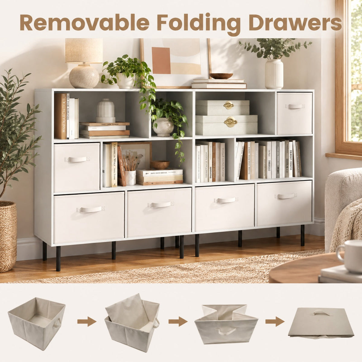 Airfind 6-Cube Bookshelf with 3 Removable Folding Fabric Drawers for Living Room, 330 lbs Capacity, Metal Engineered Wood Frame, White