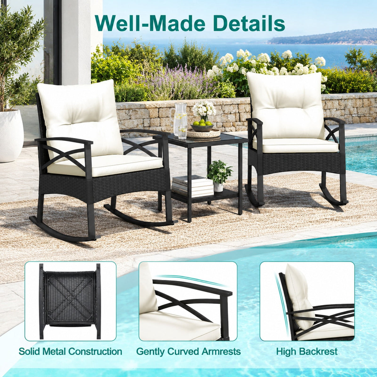 Airfind 3 Pieces Outdoor Rattan Rocking Chairs Set with 2-Tier Side Table for Garden Backyard, Table 100 lbs Capacity, 18 x 18 x 18.5 Footprint