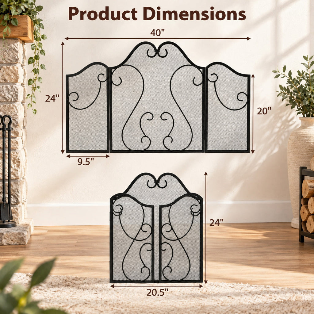 Airfind 3 Panel Fireplace Screen Foldable Spark Guard Cover with Decorative Scroll, Metal Frame, 40 × 24 Footprint, Black