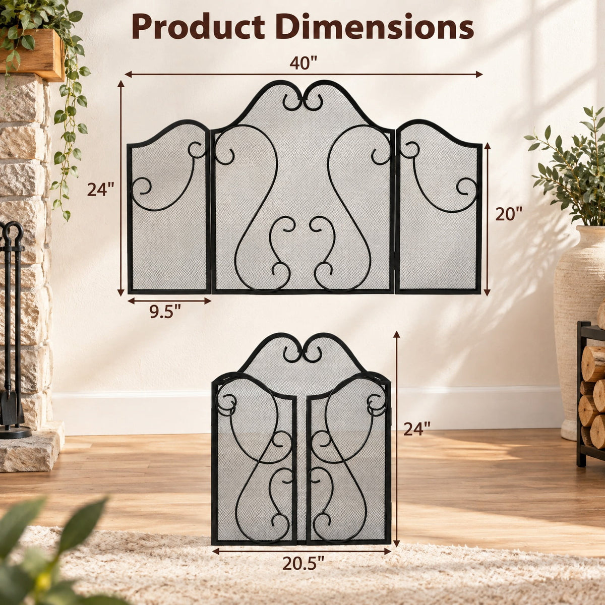 Airfind 3 Panel Fireplace Screen Foldable Spark Guard Cover with Decorative Scroll, Metal Frame, 40 × 24 Footprint, Black