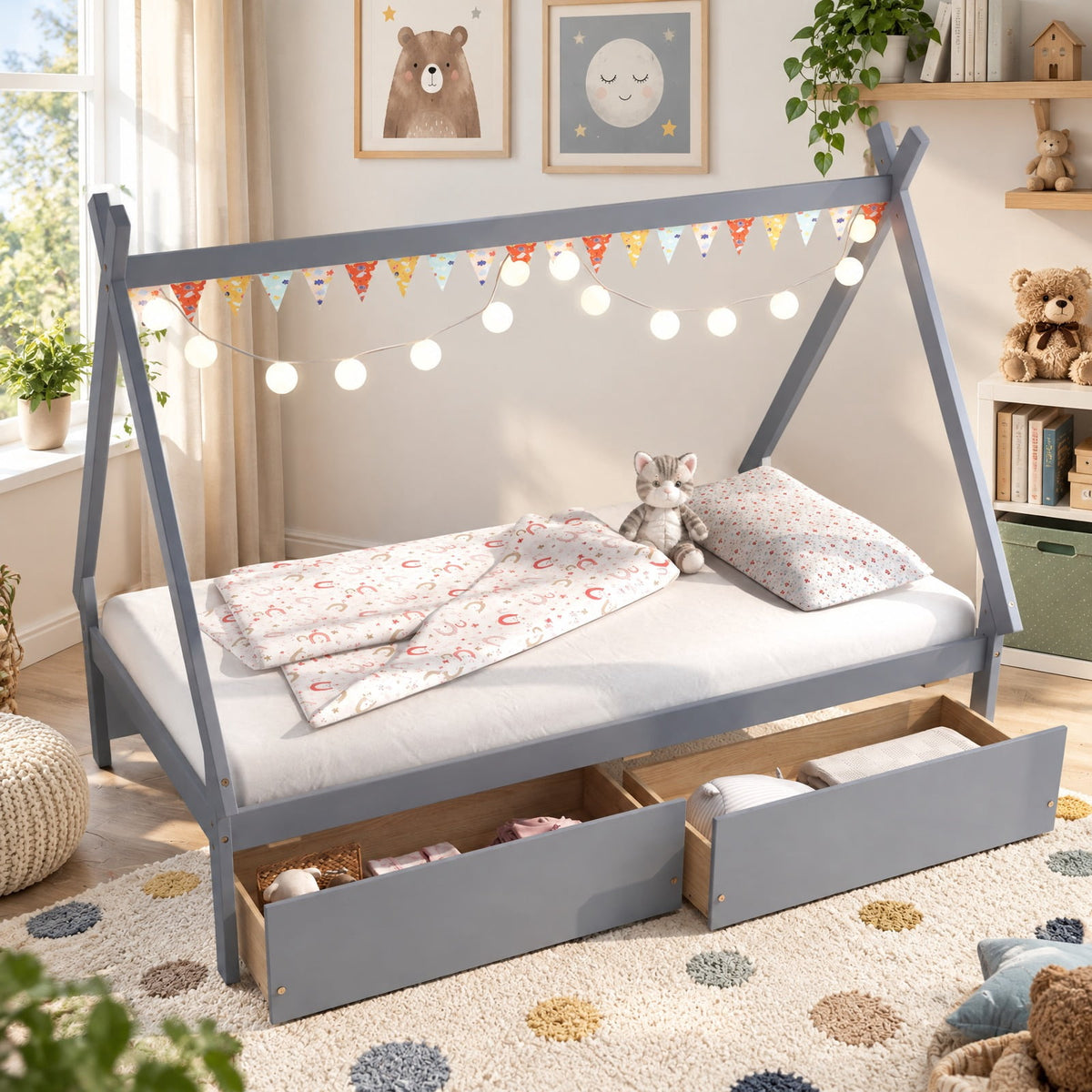 Airfind Twin Size Wooden Tent Platform House Bed with 2 Drawers, 200 lbs Capacity, Solid Wood Plywood Frame, 78 Inch x 46.5 Inch x 59 Inch Footprint, Gray
