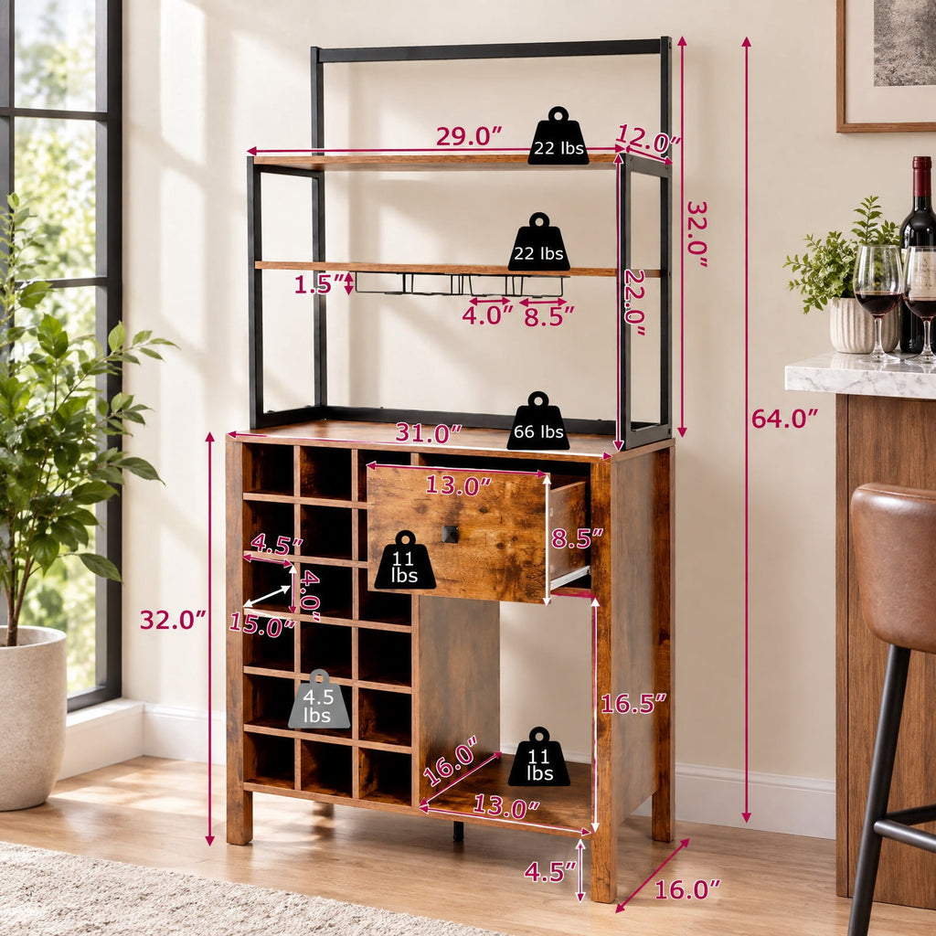 Airfind Kitchen Bakers Rack Freestanding Wine Rack Table with Glass Holder and Drawer, Engineered wood steel Frame, 31 x 16 x 64 Footprint, Brown