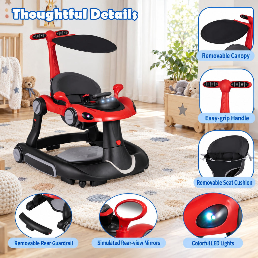 Airfind 6-in-1 Baby Walker with Canopy Portable Activity Center Bouncer Rocker Combo with Music, 27 lbs Capacity, PP ABS Fabric Sponge Frame, Red