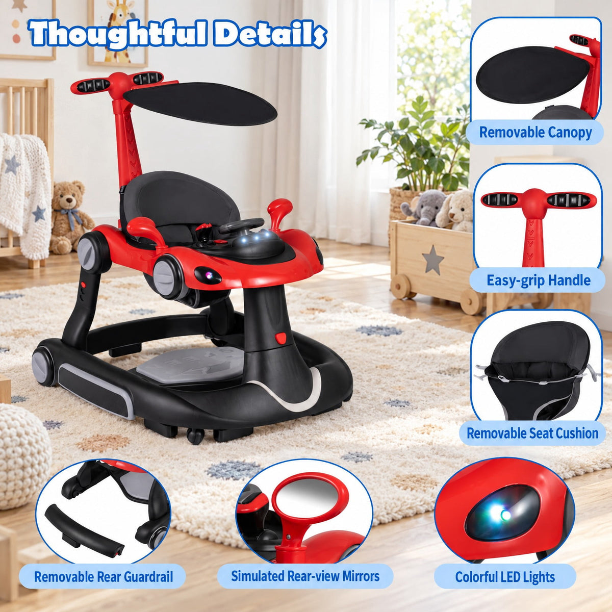 Airfind 6-in-1 Baby Walker with Canopy Portable Activity Center Bouncer Rocker Combo with Music, 27 lbs Capacity, PP ABS Fabric Sponge Frame, Red