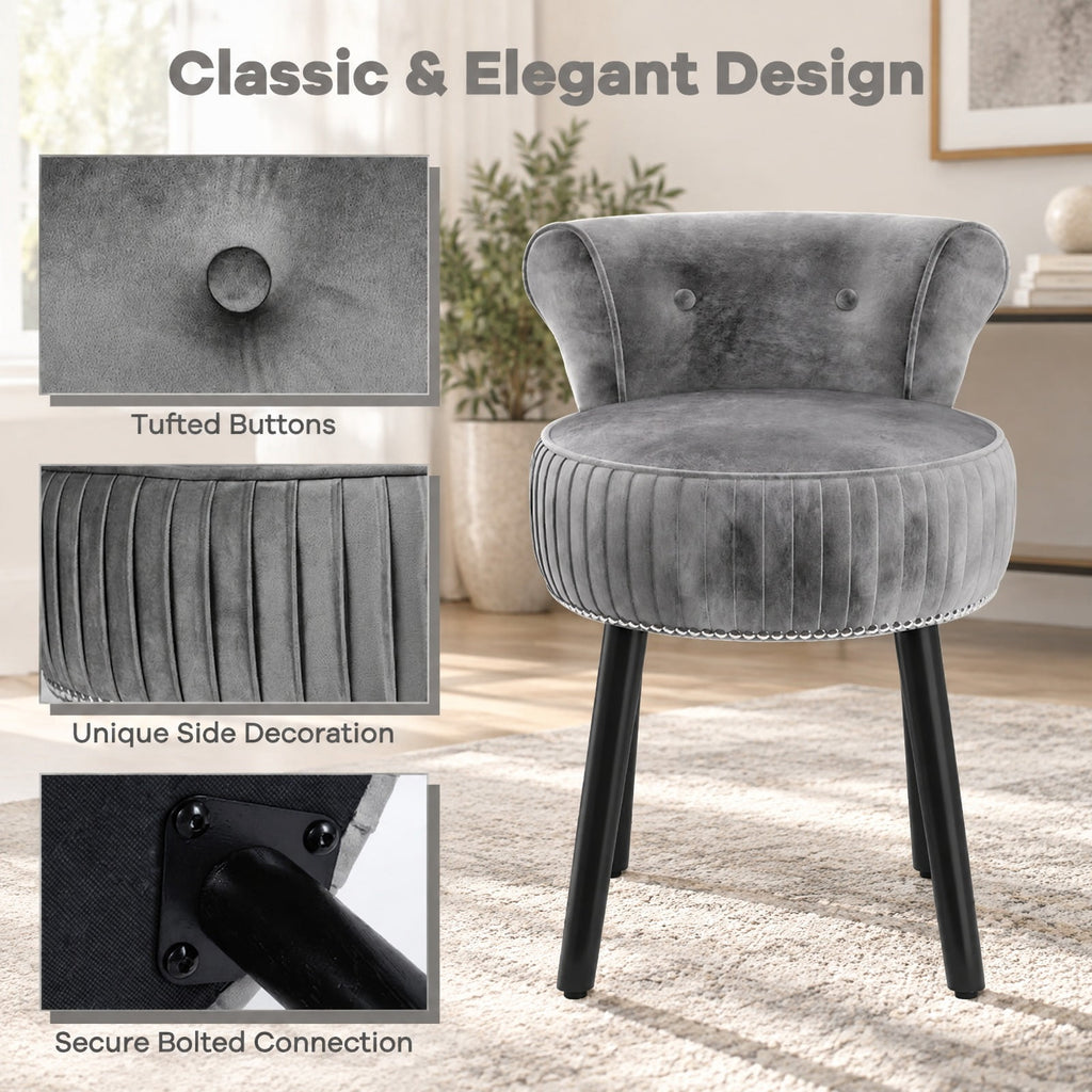 Airfind Velvet Vanity Chair with Back Upholstered Vanity Stool with Tufted Low Back and Solid Wood Legs, 234 lbs Capacity, Rubber Wood Frame, Gray