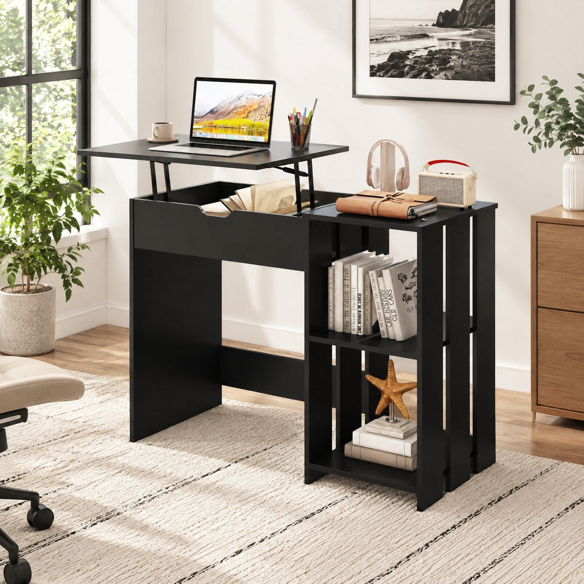 Airfind Space Saving Computer Desk with Hidden Compartment and Open Storage Shelves, 210 lbs Capacity, Engineered Wood Frame, Black