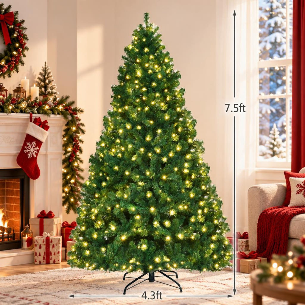 Airfind 7.5 Feet PVC Artificial Christmas Tree with LED Lights-7.5 ft, PVC iron Frame, 4.3 x 7.5 H Footprint, Green