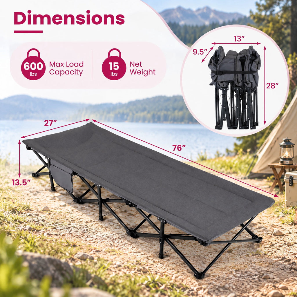 Airfind Camping Cot with Padded Pillow and Storage Pouch for Camping Travel, 600 lbs Capacity, Polyester Fabric Oxford Cloth Cotton Metal Frame