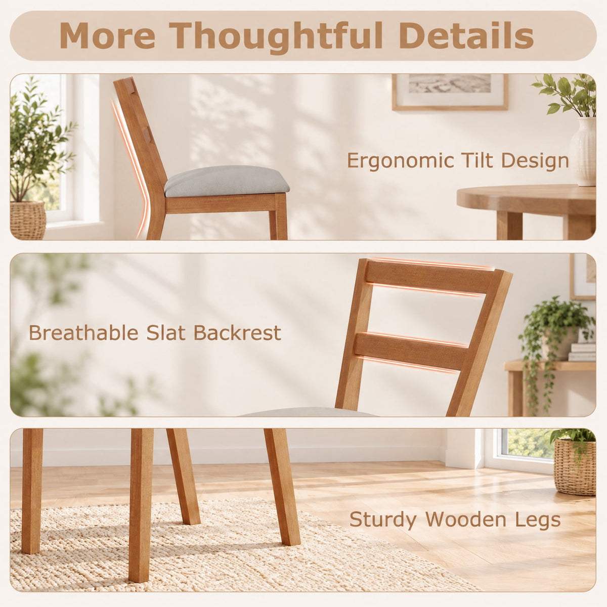 Airfind Wooden Dining Chair Set of 2 Farmhouse Kitchen Chair with Upholstered Seat, 400 lbs Capacity, Rubber Wood Frame, Brown