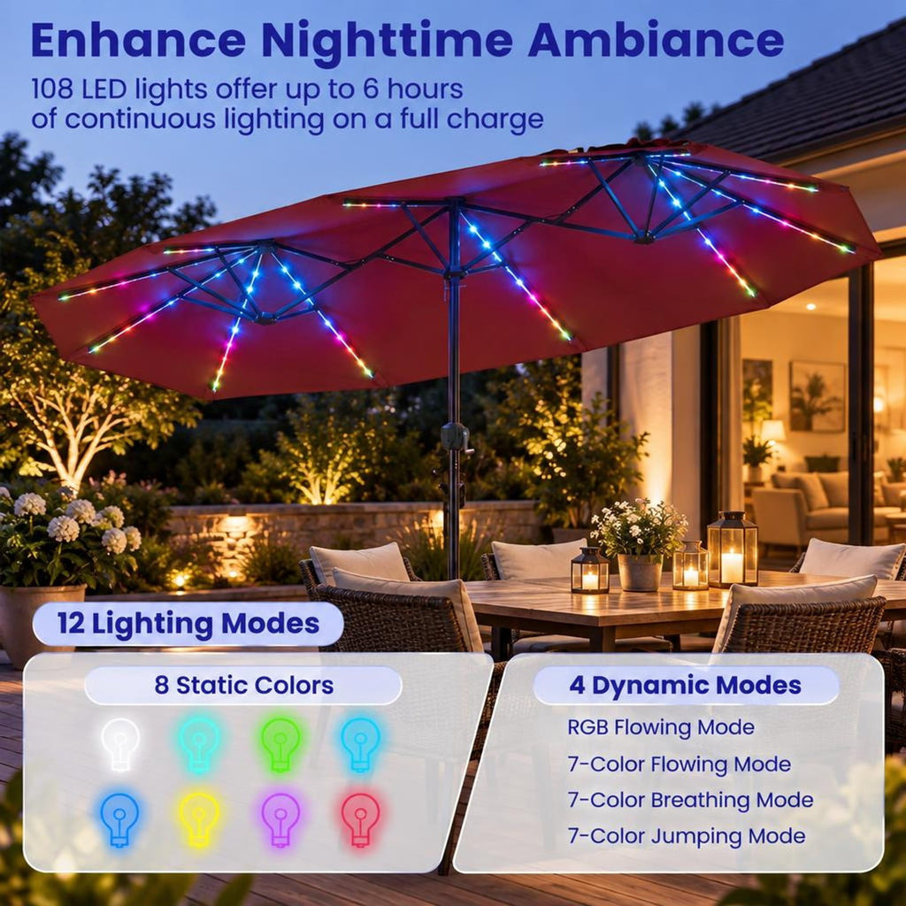 Airfind 13 FT Double-Sided Patio Umbrella with Color-Changing Flowing Solar LED Lights, Polyester Fabric Metal Frame, 13 x 7 ft Footprint, Red