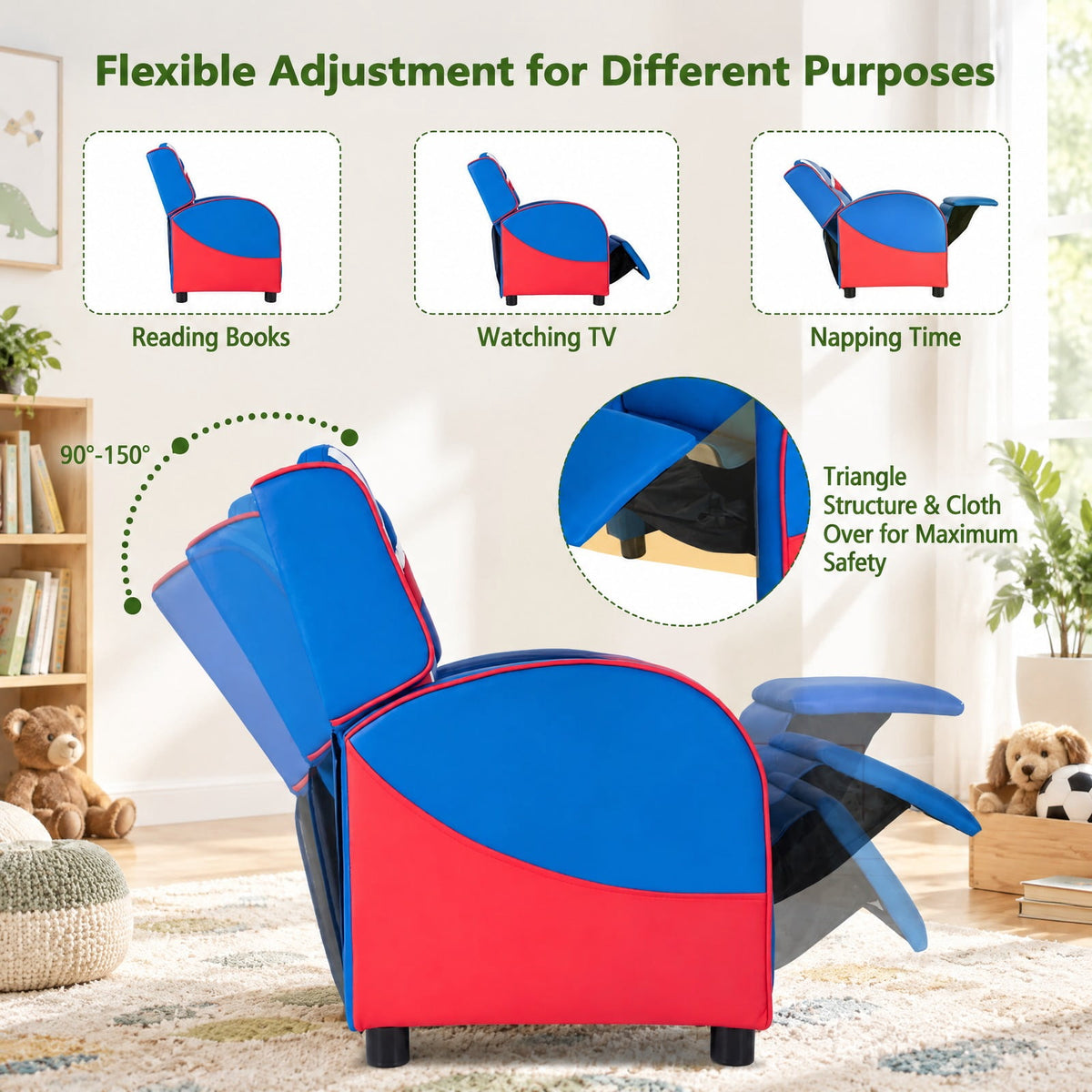 Airfind Kids Leather Recliner Chair with Side Pockets, Solid wood PU leather sponge plastic iron Frame, for 3-9 years old, Blue