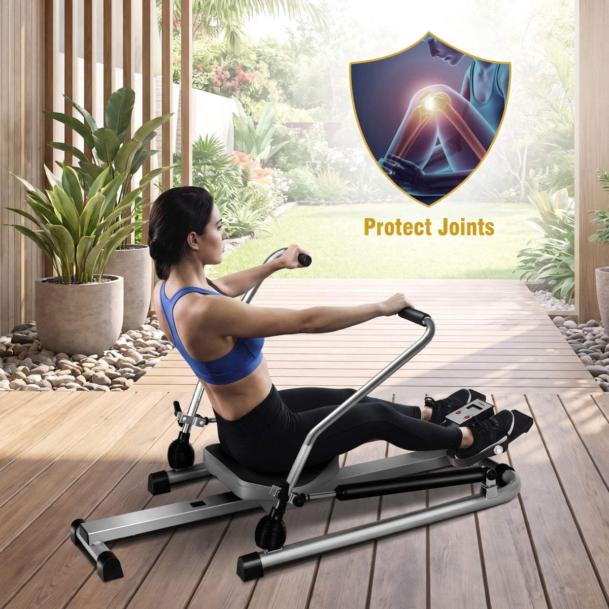 Airfind Adjustable Double Hydraulic Rowing Machine with LCD Monitor for Full Body Cardio Home Gym Foldable Workout, Black