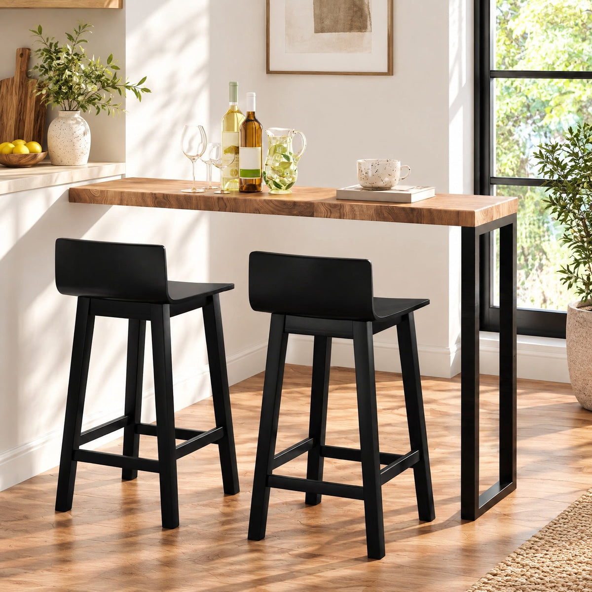 Airfind Wood Bar Stools Set of 2 with Solid Back and Seat, Black, Ergonomically designed backrest fits your body curve, for Everyday Home Use
