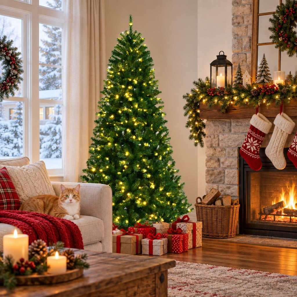 Airfind Artificial Hinged Christmas Tree with Remote-controlled Color-changing LED Lights-7ft, New PVC metal 6 Ft: Frame, 6ft x 3.1ft Footprint, Green