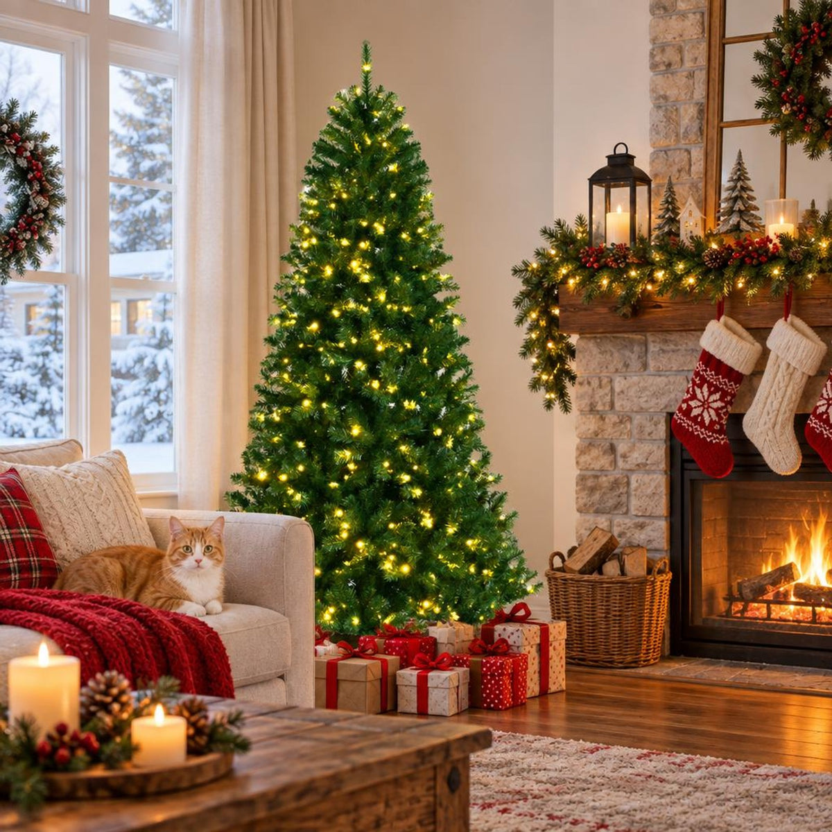 Airfind Artificial Hinged Christmas Tree with Remote-controlled Color-changing LED Lights-7ft, New PVC metal 6 Ft: Frame, 6ft x 3.1ft Footprint, Green