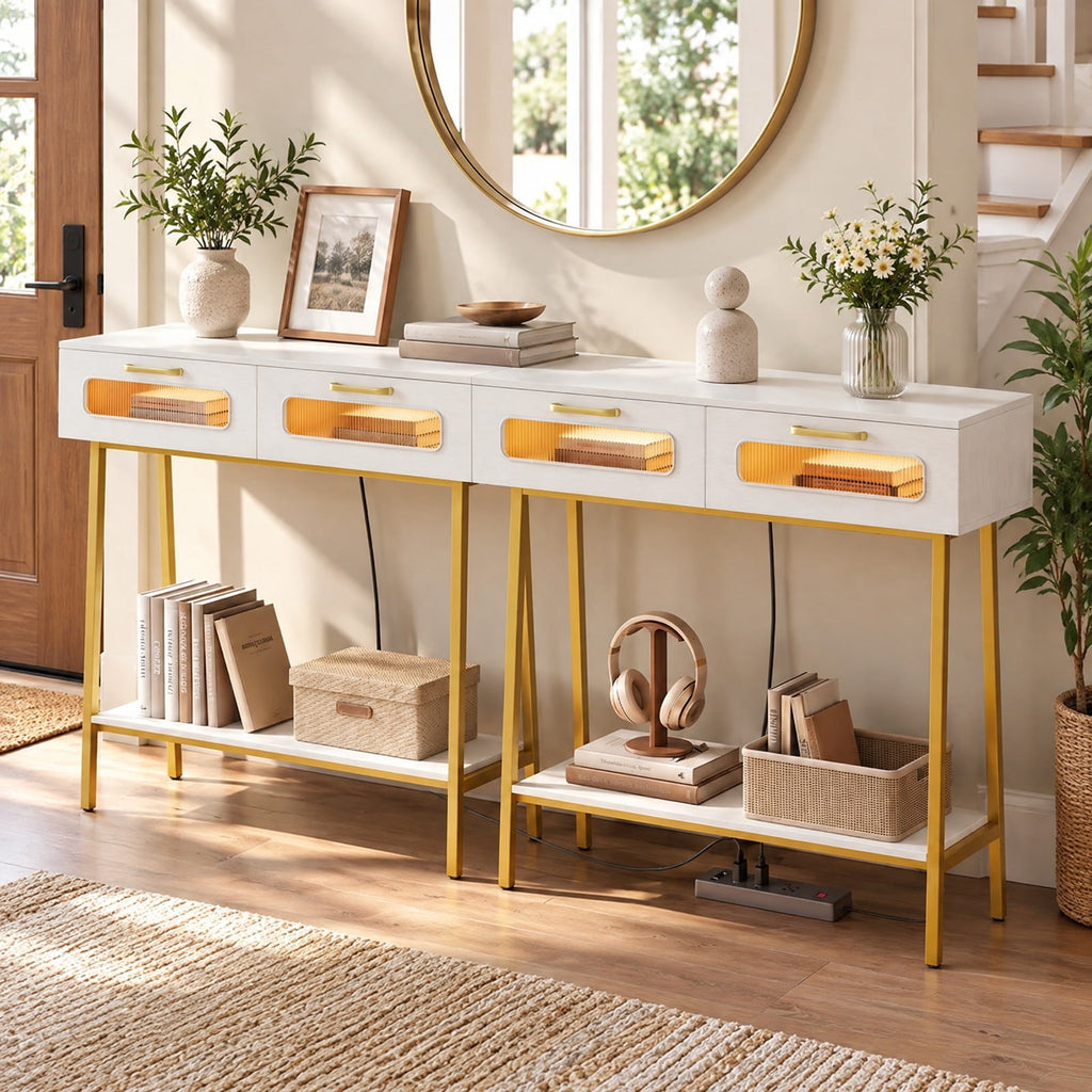 AIRFIND Console Table with LED Lights, 2 Fluted-Front Drawers and Open Shelf, 36 inch Entryway Sofa Table with Metal Legs, White and Gold