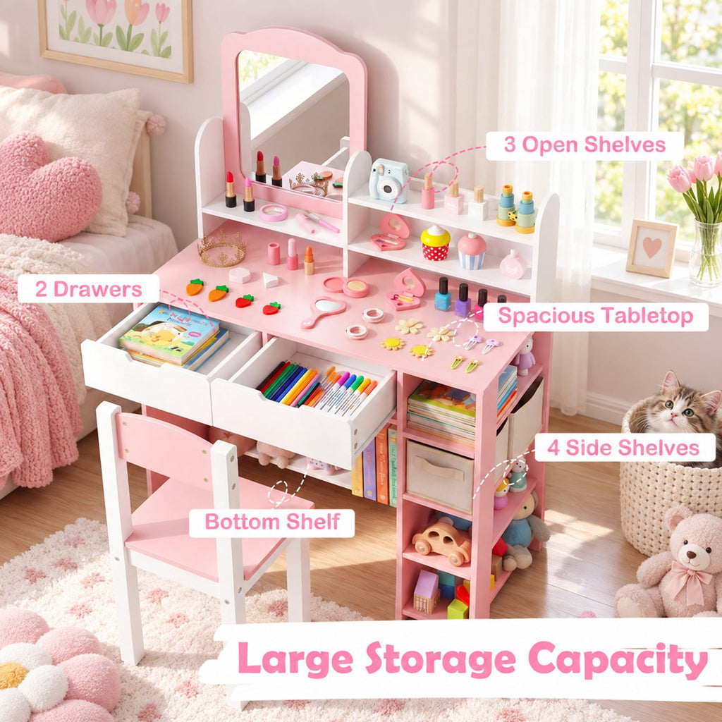 Airfind Kids Vanity Set with Chair and Mirror Makeup Dressing Desk with Storage Shelves and Drawers-White and Pink, 200 lbs Capacity, MDF Glass Frame