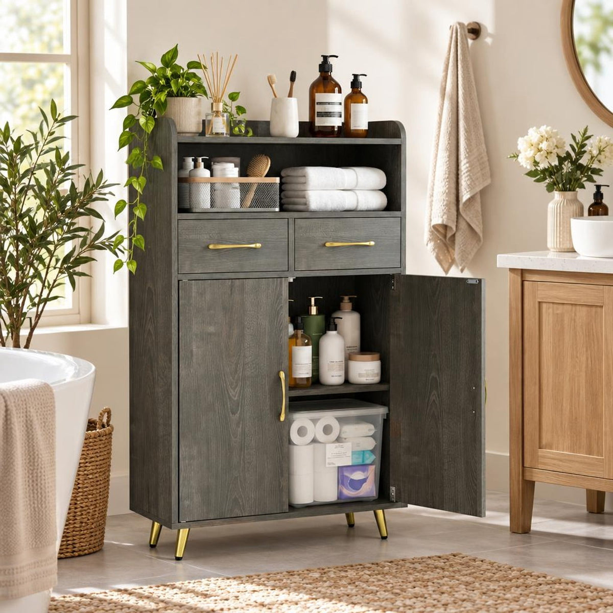 Airfind Bathroom Storage Cabinet Freestanding Floor Cabinet with 2 Drawers and 2 Doors, 44 lbs Capacity, Engineered Wood Metal Frame, Gray