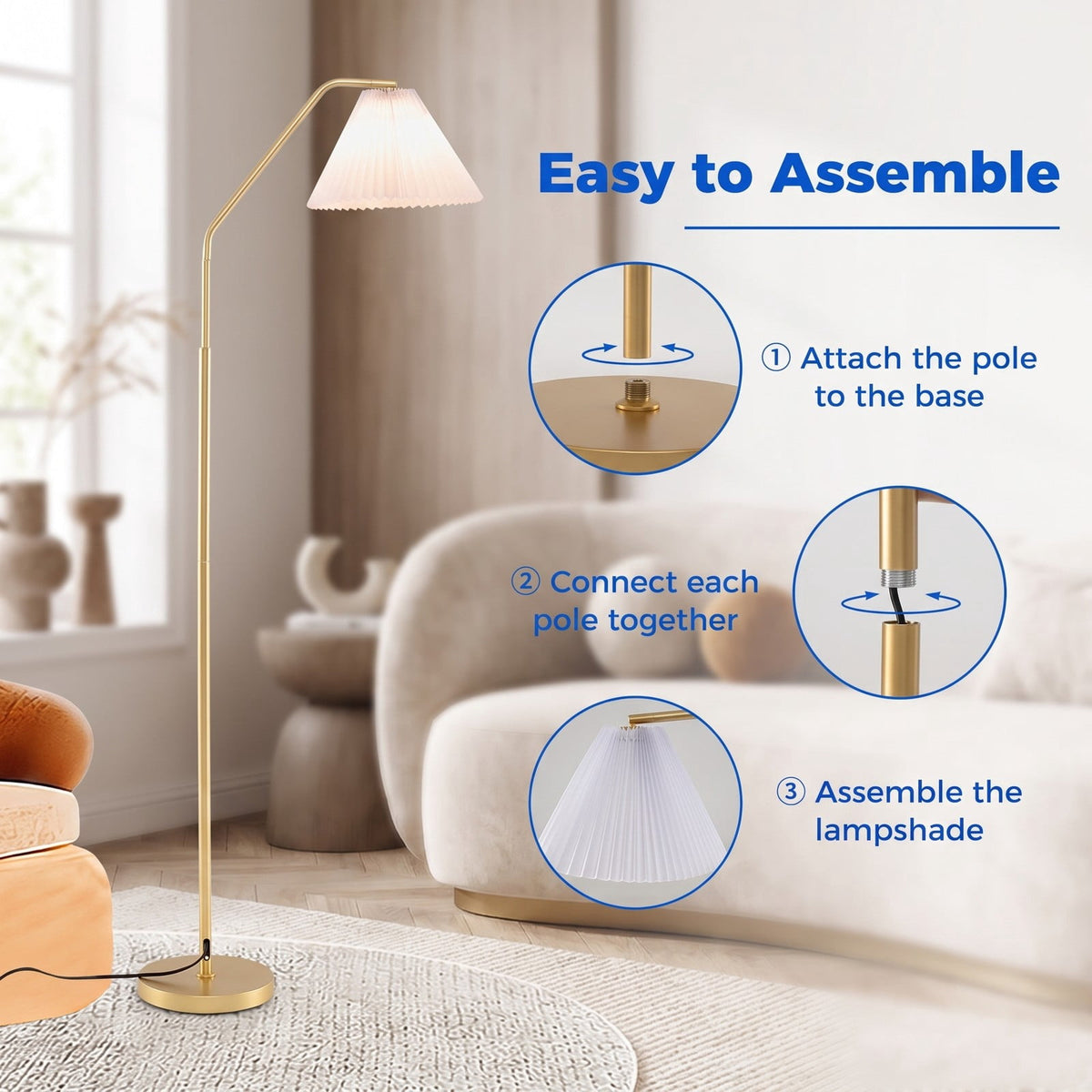Airfind Modern Standing Lamp with Adjustable Lamp Head and Pleated Lampshade, Metal PVC Polyester Fabric Frame, 13 x 9 Footprint, Gold + White
