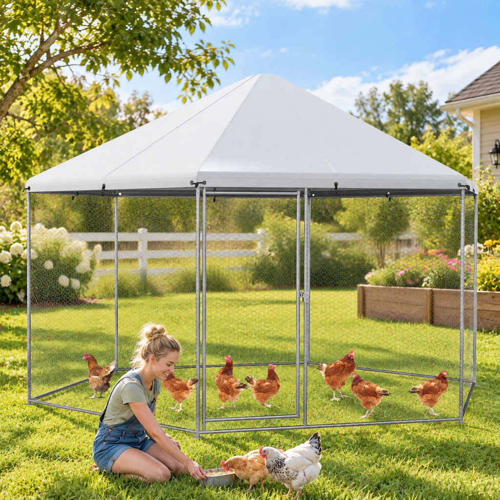 Airfind 13FT Large Metal Hexagonal Chicken Coop with Wire Mesh and Lockable Door, Galvanized Steel 210D Oxford Fabric Frame, Silver