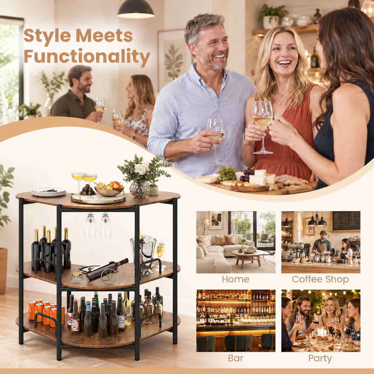 Airfind 3-Tier Liquor Bar Table with Stemware Racks and Storage Shelves, 200 lbs Capacity, Engineered Wood Metal Frame, 48 x 26 x 40 Footprint