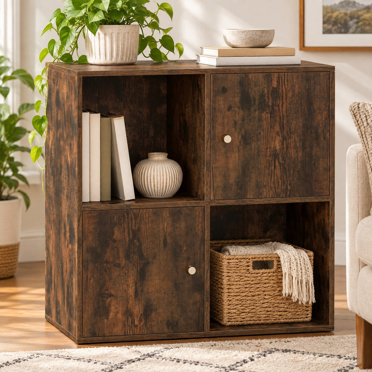 Airfind 4-Cube Bookcase 3-Tier Bookshelf with Dual Anti-Tipping Kits and 2 Cabinets, 110 lbs Capacity, MDF Engineered Wood Frame, Brown