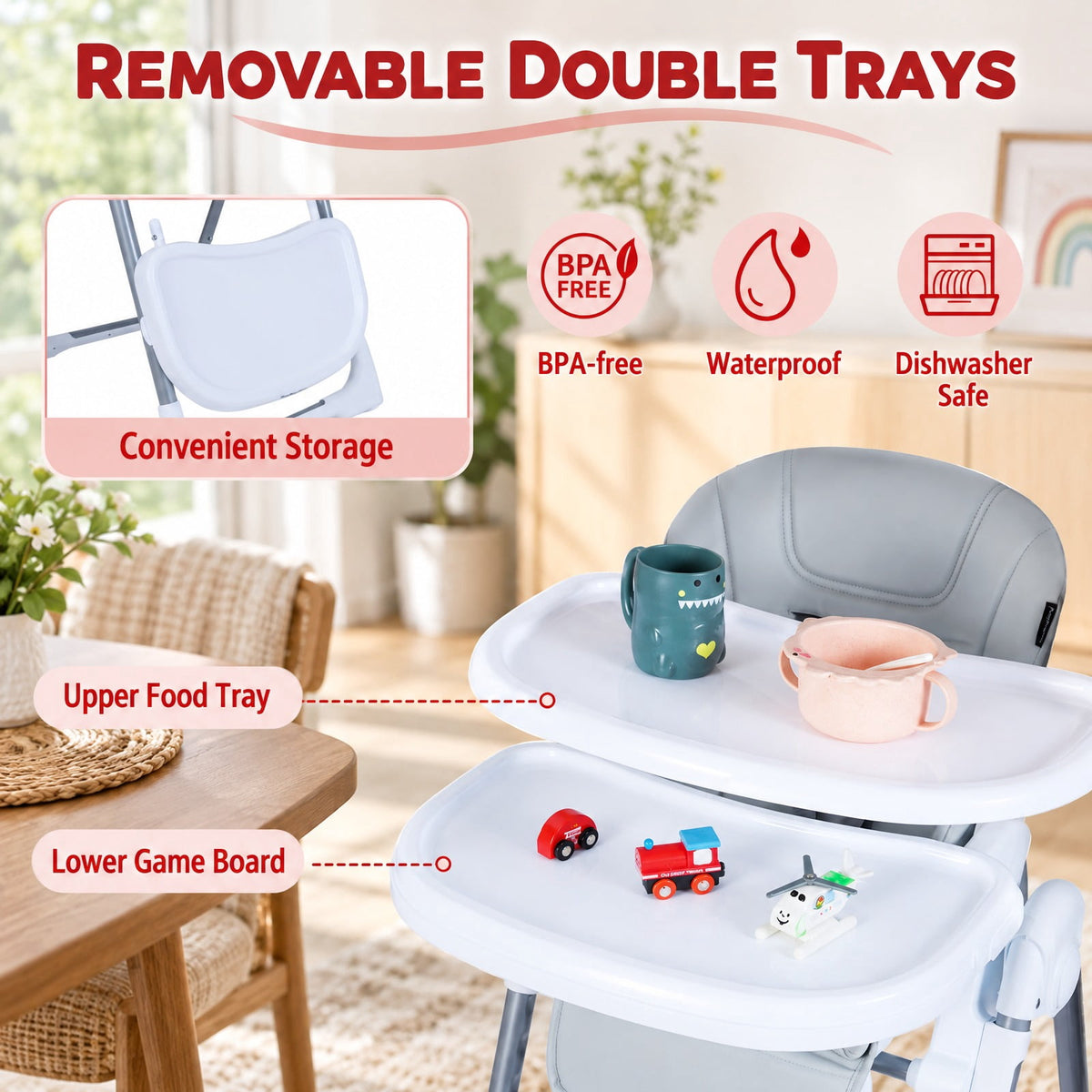 Airfind Foldable Baby High Chair with Adjustable Height and Relining Seat, 15 kg Capacity, Metal PP PU Frame, for 6-36 Months, Light Gray