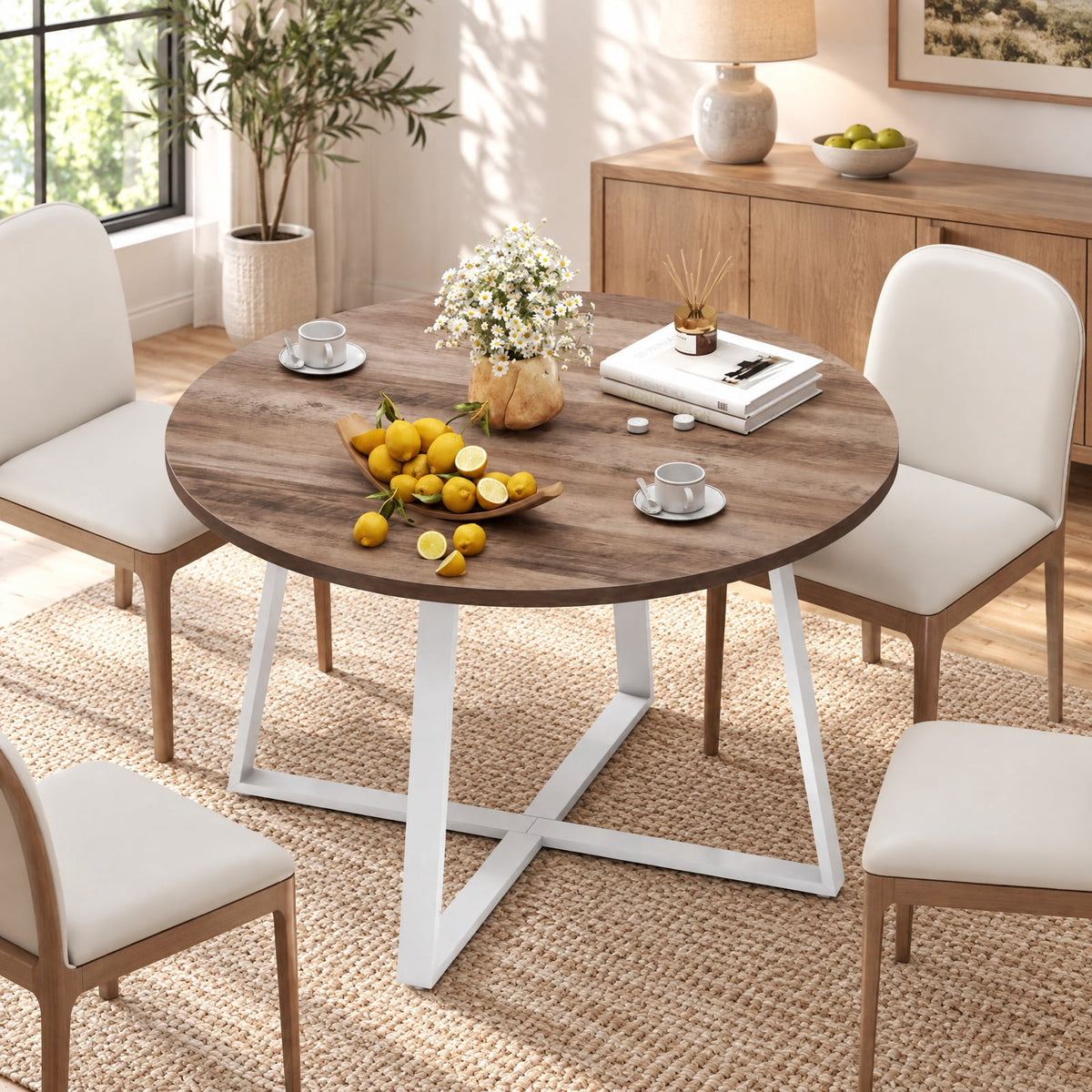 Airfind 47 Inch Round Dining Table with Stable X-shaped Base and Round Thickened Tabletop, 220 Lbs Capacity, Engineered Wood Metal, Natural
