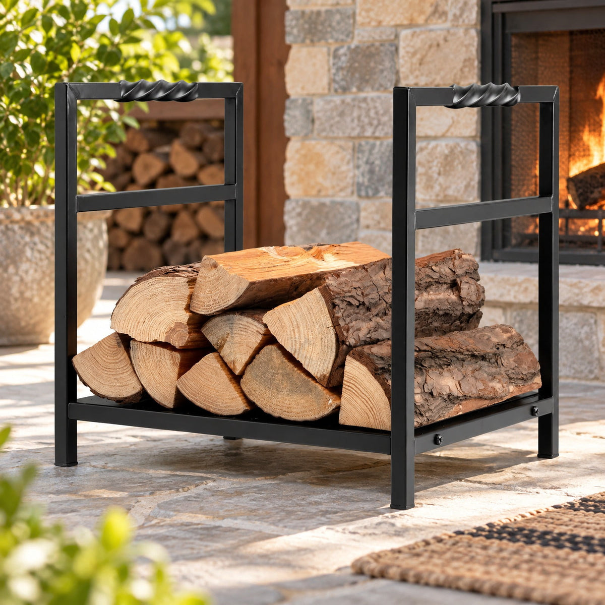 Airfind Firewood Log Rack with Unique Handle and Raised Feet, 110 lbs Capacity, Steel Frame, 16 x 13.5x 14 Footprint, Black