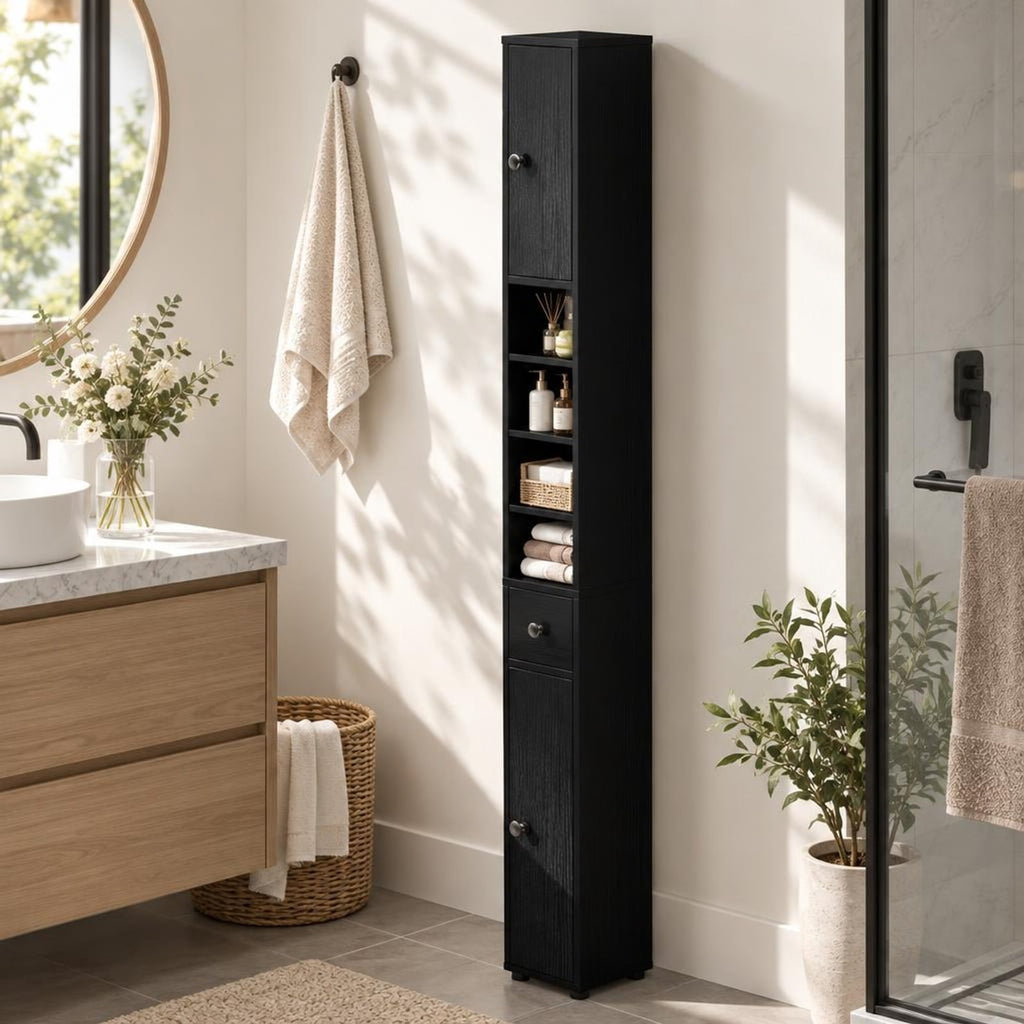 Airfind Freestanding Slim Bathroom Cabinet with Drawer and Adjustable Shelves, 110 lbs Capacity, MDF Frame, 8in x 8in x 71in Total Footprint, Black
