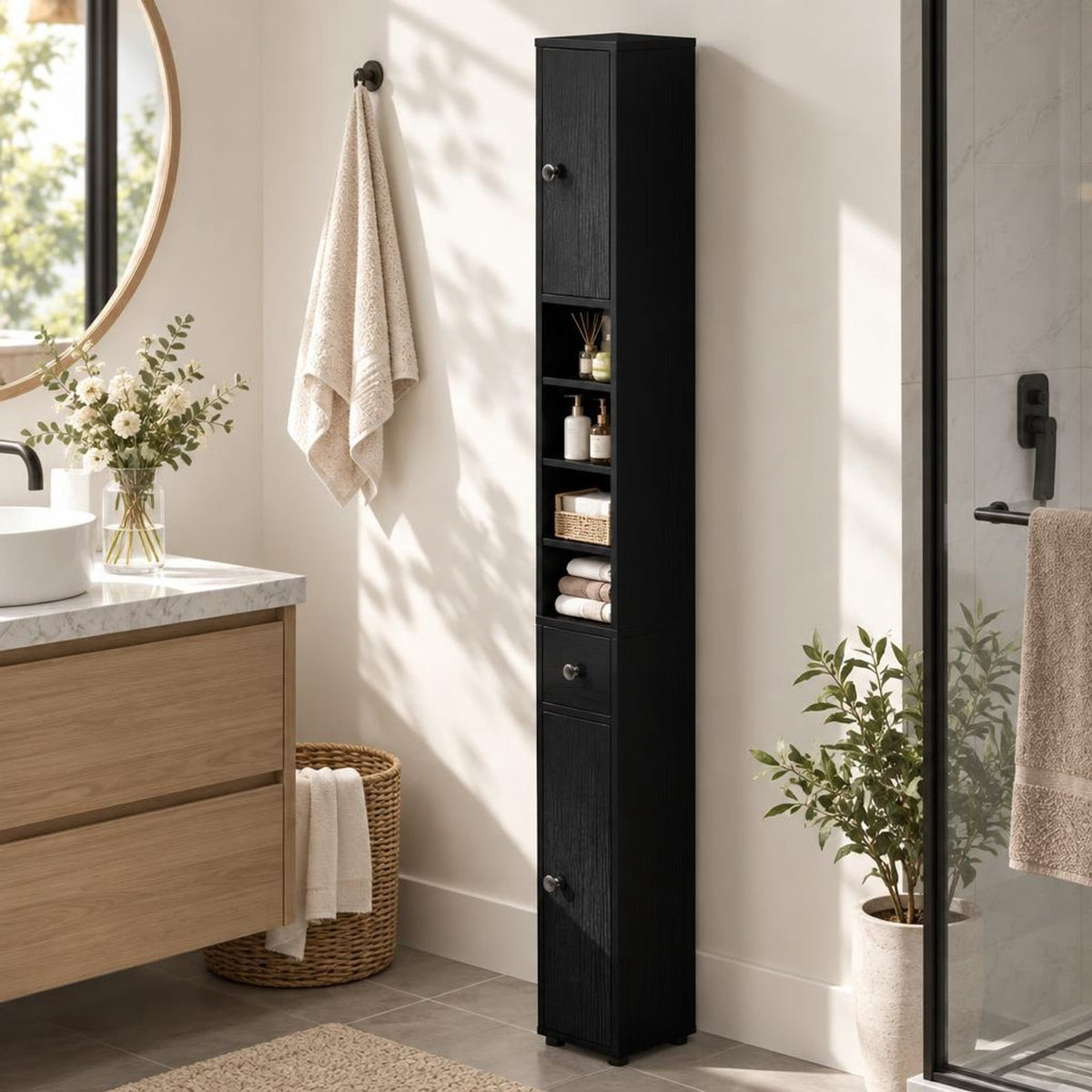 Airfind Freestanding Slim Bathroom Cabinet with Drawer and Adjustable Shelves, 110 lbs Capacity, MDF Frame, 8in x 8in x 71in Total Footprint, Black