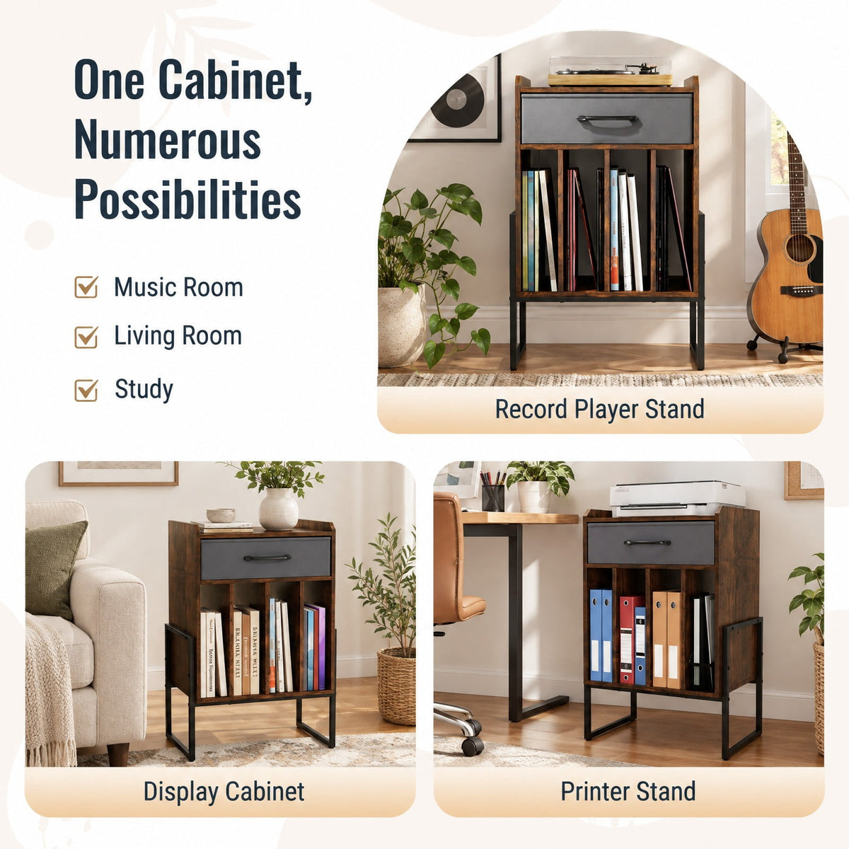 Airfind Record Player Stand with Drawer and Record Holder, 66 lbs Capacity, Engineered Wood MDF Metal Non-woven Fabric Frame, Brown