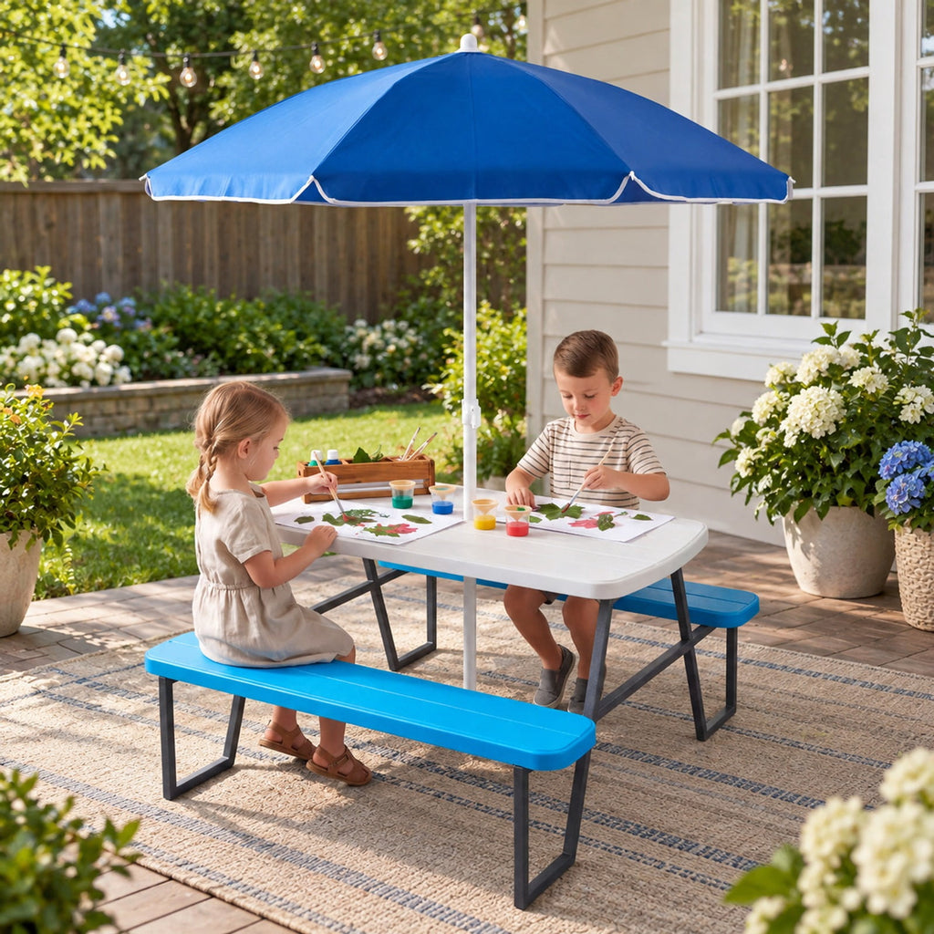 Airfind Kids Picnic Table with Benches Seats up to 4, 660 lbs Capacity, Metal Frame, for 3+ years old, 40 x 39.5 x 59 Tabletop Footprint, Blue