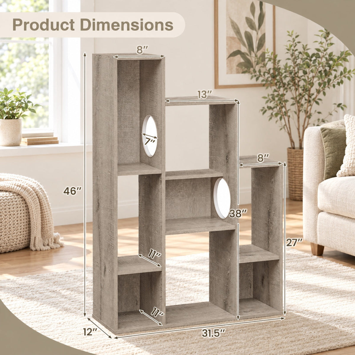 Airfind Modern Cat Bookshelf Cat Tree 8-Section Storage Cabinet with 2 Round Holes, 22 lbs Capacity, Engineered Wood Frame, Gray