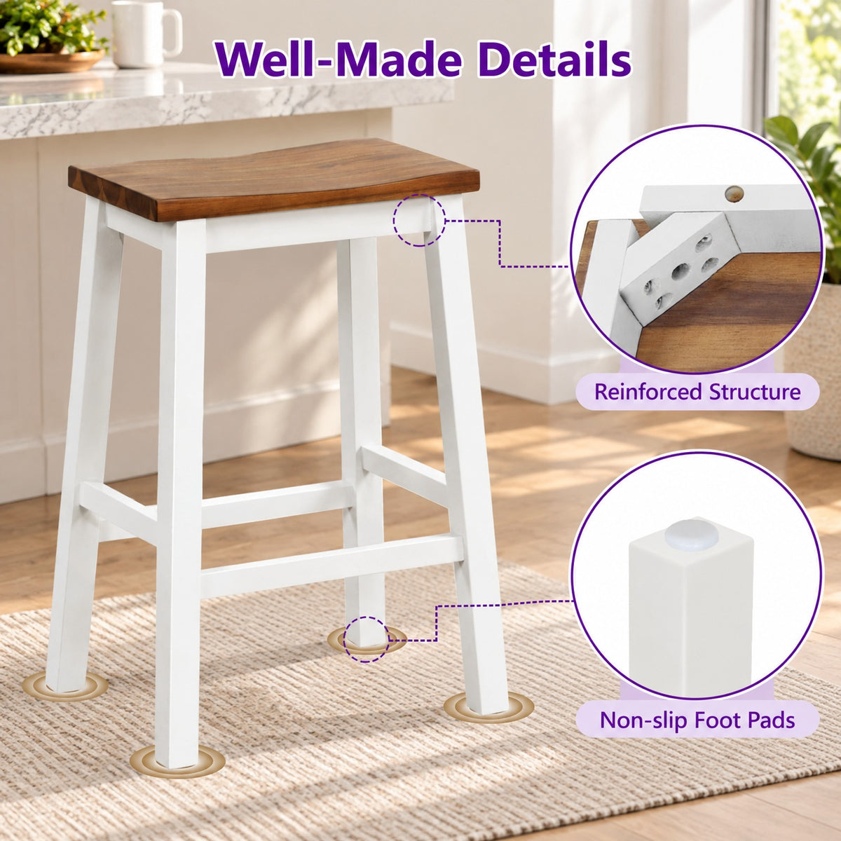 Airfind 24.5-Inch Set of 4 Saddle Stools Bar Stools with Footrests for Kitchen Island-Walnut and Gray, 350 lbs Capacity, Rubber Wood Acacia Wood Frame