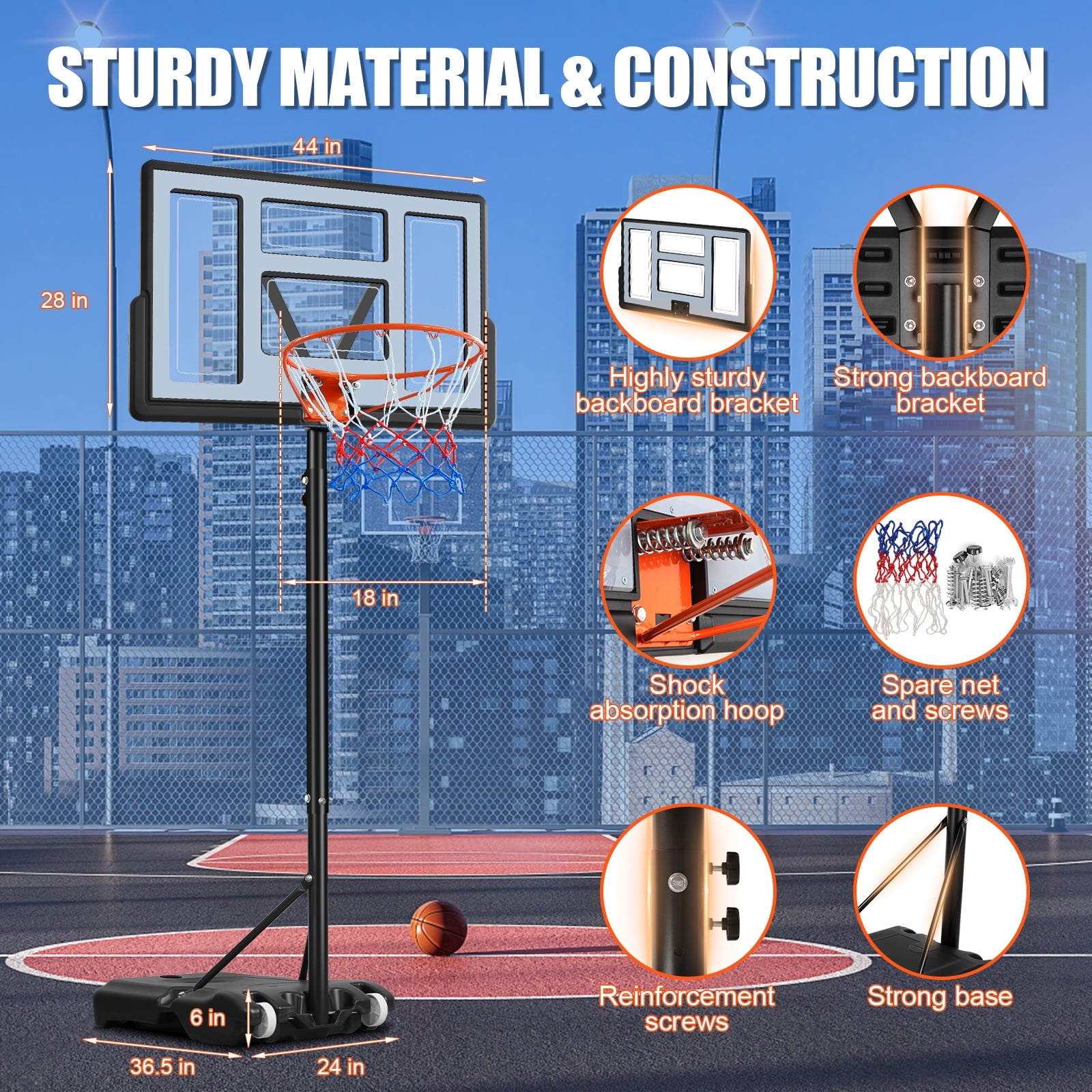 Airfind Portable Basketball Hoop 44in Backboard 5.7-10ft Adjustable with Wheels