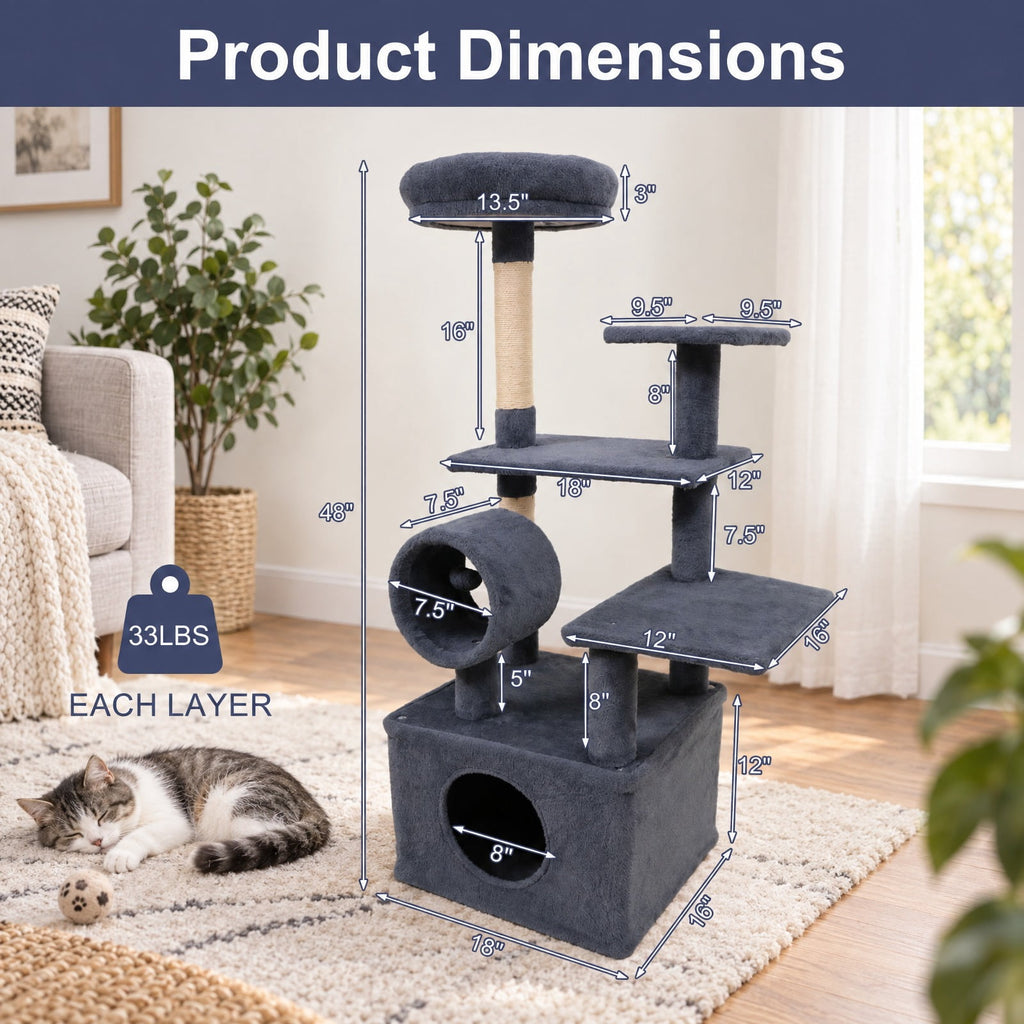 Airfind 48 Inches Tall Cat Tree Multi-Level Kitten Tower with Large Condo Padded Top Perch, Engineered Board Plush Sponge Jute Frame, Grey