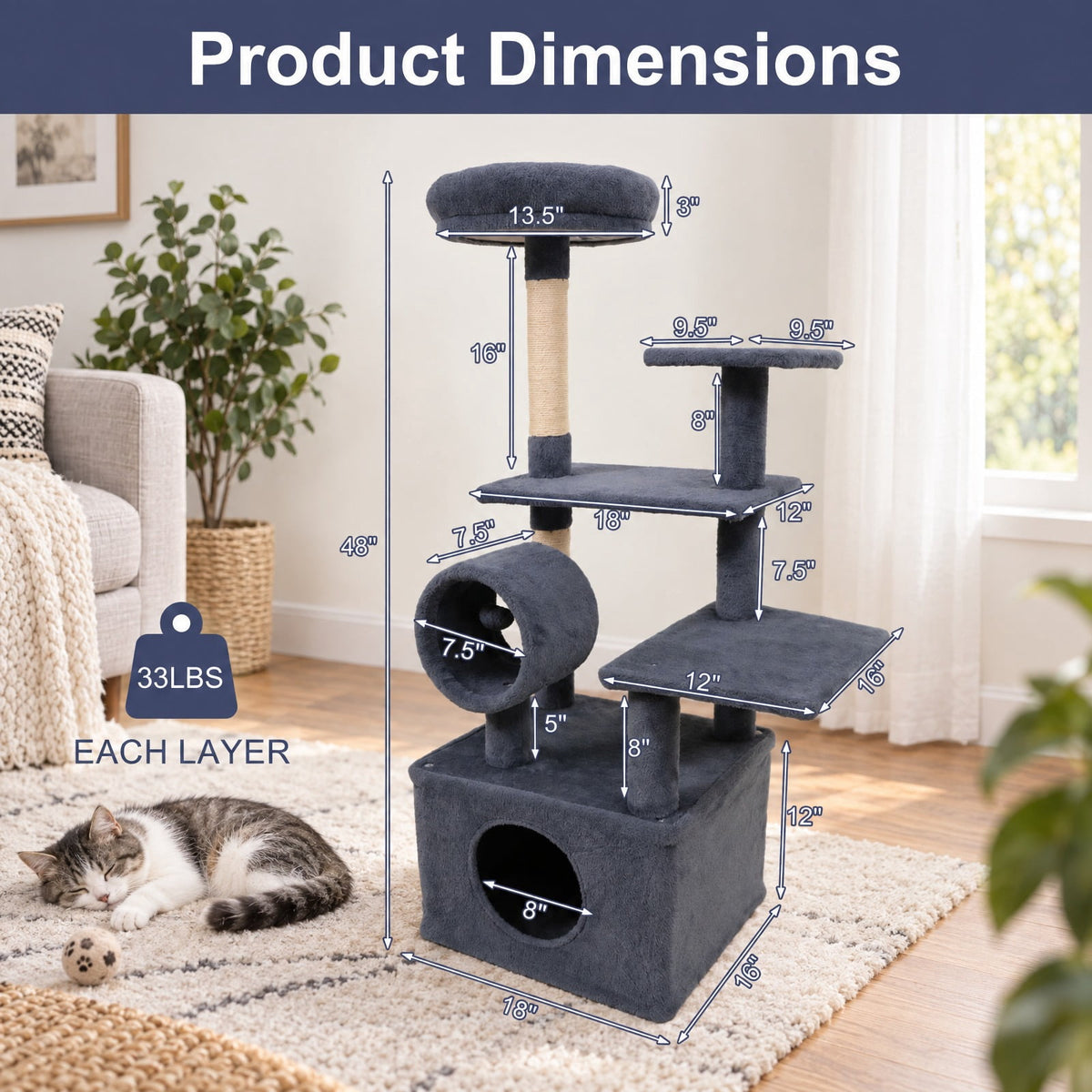 Airfind 48 Inches Tall Cat Tree Multi-Level Kitten Tower with Large Condo Padded Top Perch, Engineered Board Plush Sponge Jute Frame, Grey