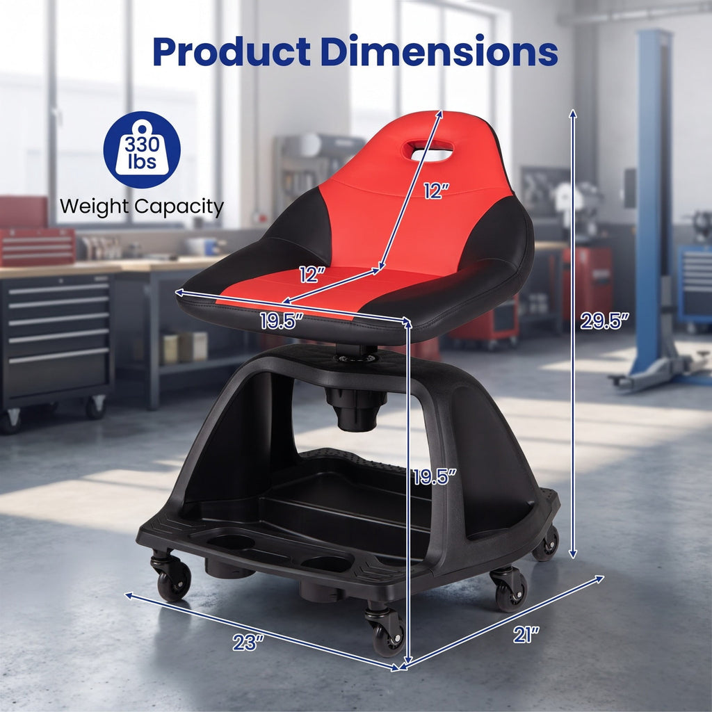 Airfind 330 LBS Capacity Garage Mechanic Stool Seat with Backrest 6 Universal Wheels and Tool Tray Storage, 330 lbs Capacity, Red