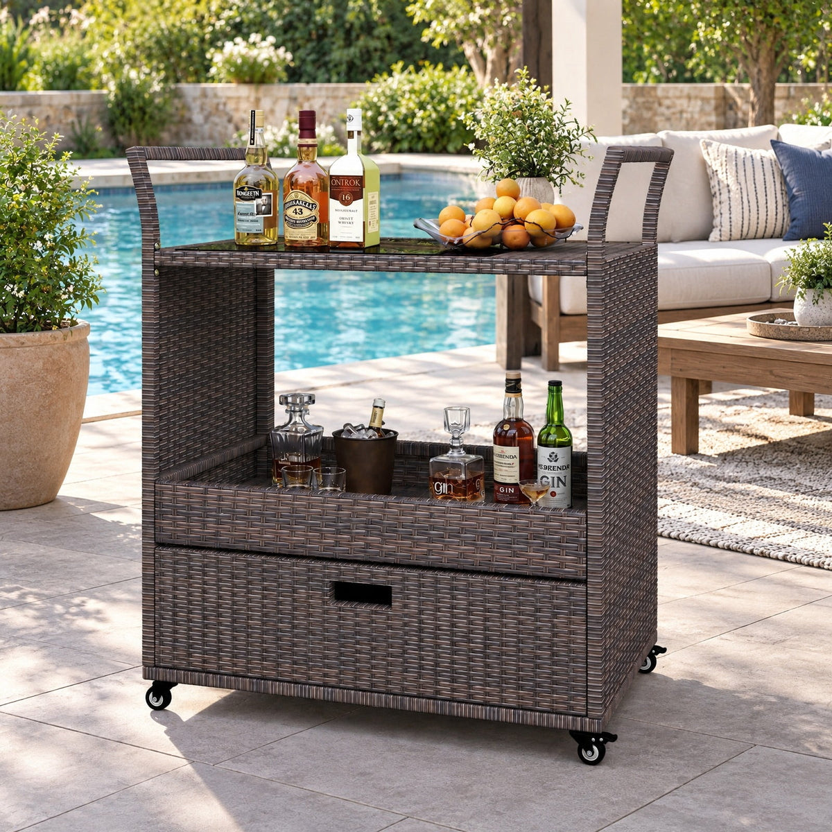 AIRFIND Outdoor Bar Cart with Wicker Exterior, Tempered Glass Top, Storage Drawer and Shelf, Four Casters with Two Brakes, 33.5 in Wide
